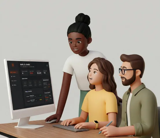 Practitioners collaborating in a calm workspace